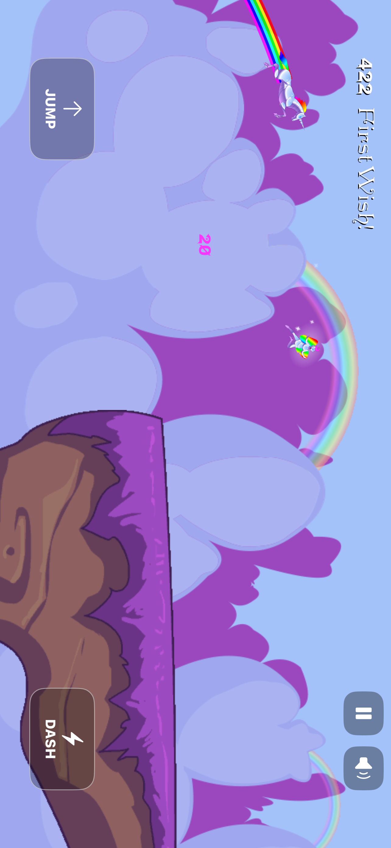 Robot Unicorn Rush gameplay, with floating islands, a rainbow unicorn, and the JUMP and DASH controls.